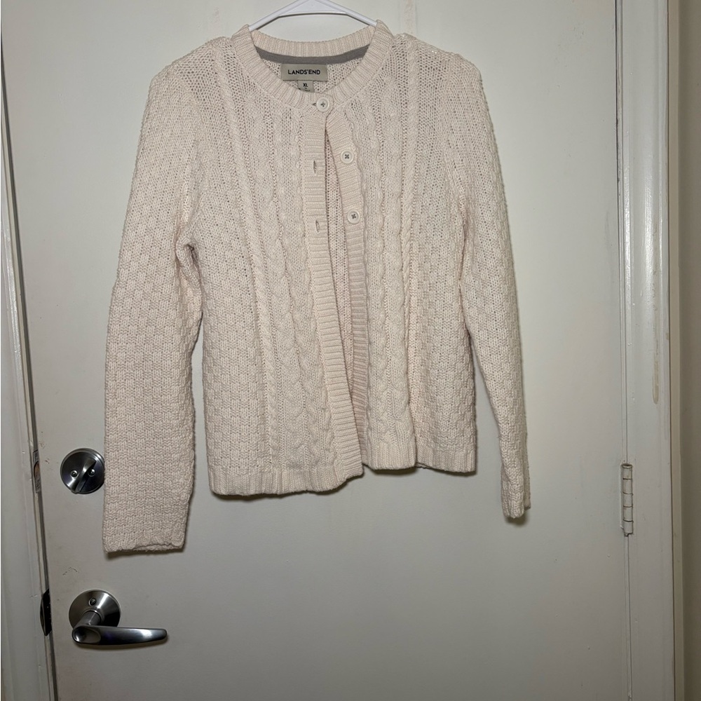 Lands' End Women's Beige Cable Knit Cardigan